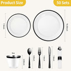 Goodluck 350 Piece Black Plastic Dinnerware Set for Party, Clear Disposable Plates for 50 Guests, Includes 100 Plates, 50 Pre Rolled Napkins with Cutlery Set, 50 Cups, for Graduation Party, Wedding