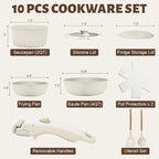 Numola 10 pcs Pots and Pan Set Non Stick with Detachable Handle, Ceramic Cookware Set for Stackable, Induction Kitchen Cookware Set for RV, Dishwasher ＆ Oven Safe, Cream White