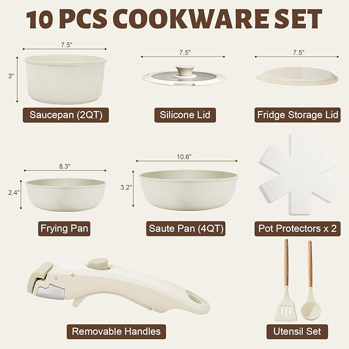 Numola 10 pcs Pots and Pan Set Non Stick with Detachable Handle, Ceramic Cookware Set for Stackable, Induction Kitchen Cookware Set for RV, Dishwasher ＆ Oven Safe, Cream White
