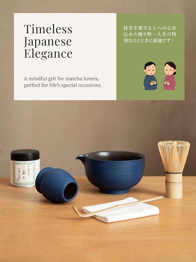 6-pcs Japanese Matcha Whisk Set, Handmade Ceramic Matcha Set with Bowl(Chawan),Bamboo Whisk(Chasen) and Holder, Scoop, Sifter & Tea Towel,Matcha Kit for Ceremony (Cobalt Blue)