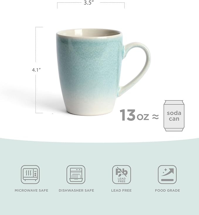 famiware Coffee Mugs Set, 13 oz Mug Set of 4, Stoneware Cups for Latte, Hot Tea, Mocha, Cocoa, Cappuccino, Microwave and Dishwasher Safe, Glacier Series, Aqua (Pack of 2)
