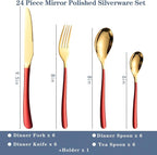 Caliamary 24 Pieces Silverware Set, Stainless Steel Flatware Set with Silverware Holder Spoons Forks Knives Set,Utensils Set Service for 6,Cutlery Set for Kitchen (Red), 9.6inch