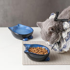 Nihow Ceramic Basic Cat Bowl: 5 Inch Cat Dish for Food & Water - Food Grade, Microwave & Dishwasher Safe - Elegant Blue & Black (4.25 OZ /1 PC)