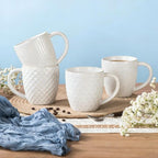 14 oz Embossed Ceramic Coffee Mugs - Set of 4, Artisan Textured Large Coffee Cups for Home & Office,Lead-Free Microwave & Dishwasher Safe,Coffee Cups for Wedding Housewarming Coffee Lovers