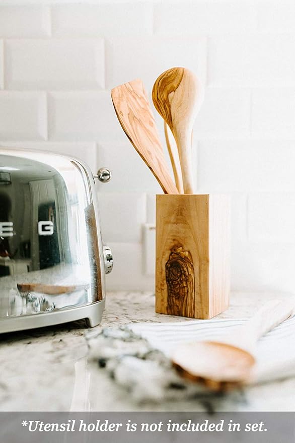 Tramanto Olive Wood Utensil Set - 5 Piece Spatula and Spoon Wooden Cooking Tools, 12 Inch Long, Rustic Hand Made with Gift Box