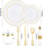 Liacere 350PCS Gold Plastic Plates-Disposable White and Gold Plates 50guest Baroque Plastic Dinnerware include 100Plates, 50Pack Pre Rolled Napkins with Silverware 50Cups for Wedding & Mothers Day