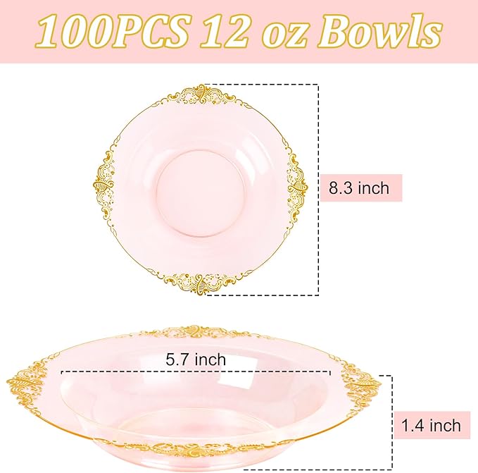 100PCS Clear Pink Plastic Bowls - 12 oz Pink Gold Disposable Salad Bowls - Heavy Duty Disposable Soup Bowl - Fancy Plastic Ice Cream Bowl for Weddings Parties Dinners Picnics Mother’s Day
