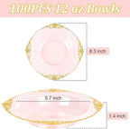 100PCS Clear Pink Plastic Bowls - 12 oz Pink Gold Disposable Salad Bowls - Heavy Duty Disposable Soup Bowl - Fancy Plastic Ice Cream Bowl for Weddings Parties Dinners Picnics Mother’s Day