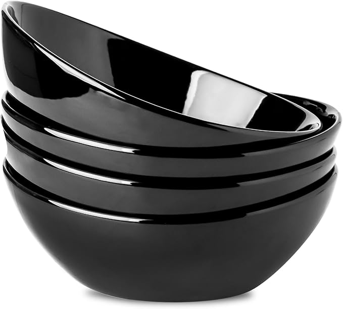 HASENSE 40oz Serving Bowls & Salad Bowls Set of 4– Large Ceramic Mixing Bowls for Kitchen, Stackable Design for Pasta, Fruit, Popcorn, Side Dishes, Soup, Microwave & Dishwasher Safe, Black