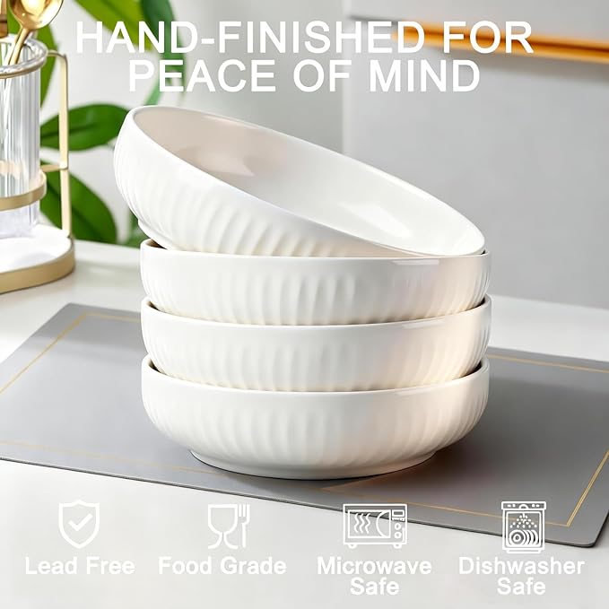 8 Inch Ceramic Pasta Bowls set of 4, 32 Oz White Serving Bowls - Microwave, Dishwasher & Oven Safe, Shallow Soup Bowls for Salad, Pasta, Cereal