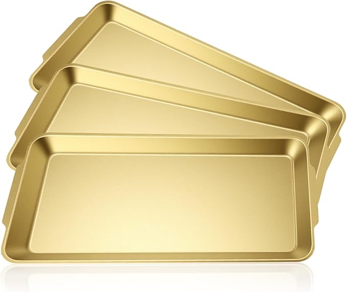 3 Pack 304 Stainless Steel Gold Serving Trays, 12.6" Rectangular Food Serving Platters, Tray Multipurpose for Buffet, Party, Kitchen