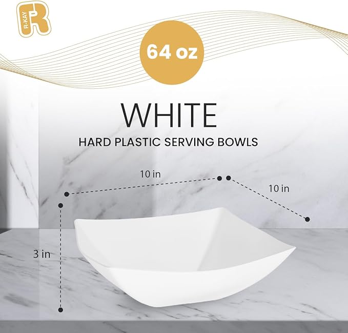 R-kay 6 Pack Square Plastic White Serving Bowls - White Plastic bowls 64 Oz - Salad Bowls Large Serving - Premium Heavy Duty For Weddings Catering And Birthday parties