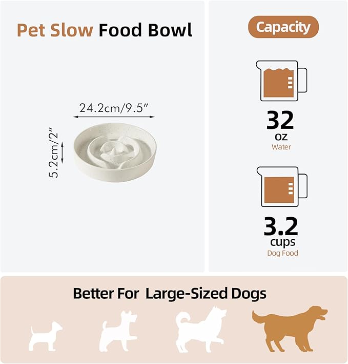 Havniva Ceramic 3.2 Cup Dog Bowl Slow Feeder for Large Dog, 9.5inch Pet Slow Dish, Stop Bloat, Preventing Choking(Single Bowl, Vanilla White)