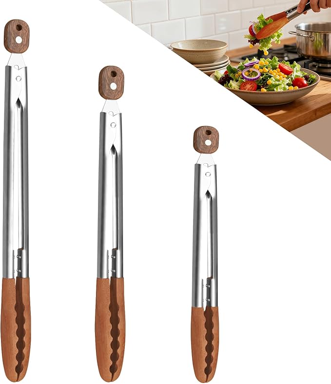 3 Pack Wooden Tongs for Cooking (9", 12", 16") – Locking Wooden Tongs with Non-Slip Handles & Hanging Hole, Wood Tip Serving Tongs for BBQ, Salad & Grilling (9+12+16 Inch)