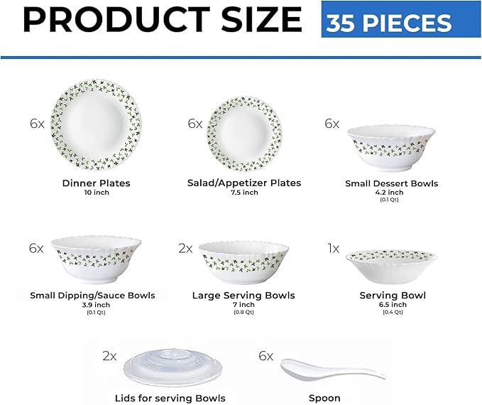 Borosil Gourmet Dinnerware Set For 6, 35 Pieces, White Dinner Plates and Bowls Sets, Chip Resistant Tempered Opal Glass, Stain Resistant, Dishwasher & Microwave Safe Dinner Set For Gifting, Serves 6