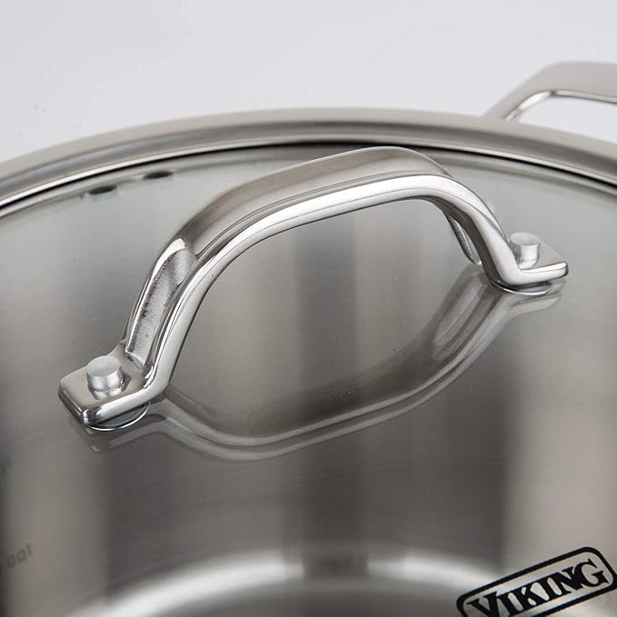 Viking Contemporary 3-Ply Dutch Oven, 5.2 Quart Stainless Steel Cookware Pot with Glass Lid, Dishwasher and Oven Safe, Induction Ready, Silver