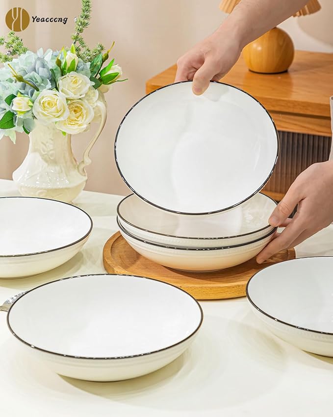Yeacccng White Pasta Bowls Set of 6, 9.25 Inch 50 Oz Large Ceramic Soup Salad Bowls, Black Rim Minimalist Design, Lead-Free Cadmium-Free, Dishwasher Microwave Oven Safe, Scratch-Resistant