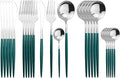 Silver Silverware Set, 24-Piece Stainless Steel Flatware Set Service For 6, Mirror Polished Green Handle Tableware Cutlery Set Knife Fork And Spoon For Home & Restaurant, Dishwasher Safe