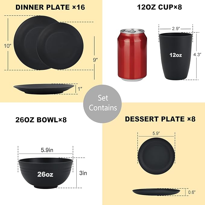 Wheat Straw Dishes Set 40 PCS,Service for 8,Unbreakable and Ruseable Plastic Dinnerware Sets,Dessert Plates,Drinking Glasses,Dishwasher & Microwave Safe Dinner Plates for Kitchen,Camping,Dorm（Black）