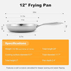Stainless Steel Pan，Non-Toxic PFAS, PFOA & PTFE Free, Compatible With All Cooktops & Induction Safe, Oven Safe Pan for Searing & Sautéing, Long Lasting Cookware. (12 Inch)