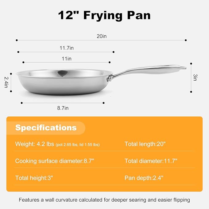 Stainless Steel Pan，Non-Toxic PFAS, PFOA & PTFE Free, Compatible With All Cooktops & Induction Safe, Oven Safe Pan for Searing & Sautéing, Long Lasting Cookware. (12 Inch)