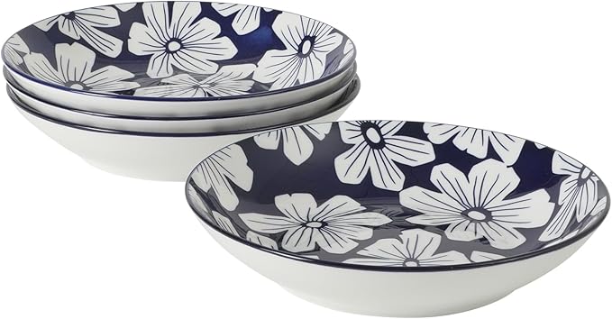 Gibson Home Heritage Sky 4-Piece Pasta Bowl Set, 8 Inch Round Stoneware Bowls, Blue & White Floral Design, Decorative Everyday Use