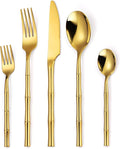 Bamboo Flatware Set Gold Silverware Set Stainless Steel Cutlery Set 20 Pieces with Bamboo Pattern Handle Hand Forged Restaurant Hotel Party Use Wedding Housewarming Gift Service for 4 Shiny Polished