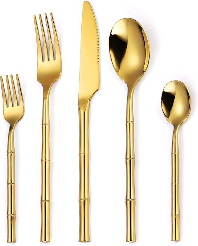 Bamboo Flatware Set Gold Silverware Set Stainless Steel Cutlery Set 20 Pieces with Bamboo Pattern Handle Hand Forged Restaurant Hotel Party Use Wedding Housewarming Gift Service for 4 Shiny Polished