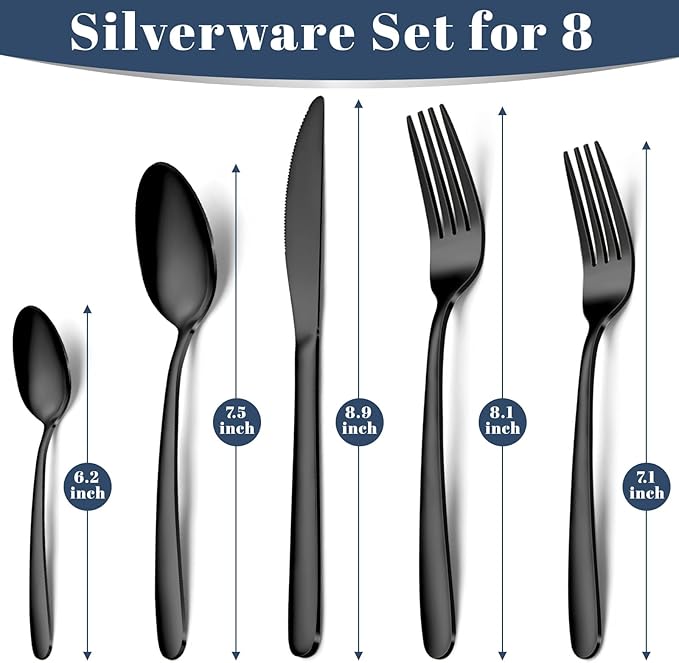 Silverware Set - 40PCS Stainless Steel Silverware Set for 8, Includes Forks Spoons and Knives, Utensil Sets for Home Kitchen Restaurant, Dishwasher Safe, Black