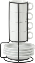 Gibson Home Gracious Dining 3-Ounce Espresso Cups Set of 4, Small Stackable Coffee Cups with 4 Saucers, Metal Stand, Ceramic Demitasse Mugs, Espresso Accessories for Machine