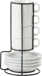 Gibson Home Gracious Dining 3-Ounce Espresso Cups Set of 4, Small Stackable Coffee Cups with 4 Saucers, Metal Stand, Ceramic Demitasse Mugs, Espresso Accessories for Machine
