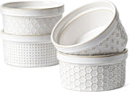 LE TAUCI Ramekins 12 oz, Ramiken for Creme Brulee, Souffle, Dipping Sauce, Ceramic Embossment Housewaming Present -4.8 inch, Set of 4, Arctic White