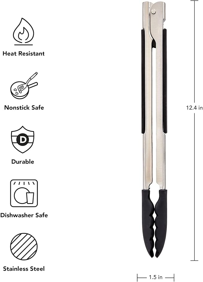 KitchenAid Silicone Tipped Side Locking Tongs, Black, 12 Inch