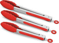 3 Pack Red Kitchen Tongs, Premium Silicone BPA Free Non-Stick Stainless Steel BBQ Cooking Grilling Locking Food Tongs, 9-Inch 10-Inch & 12-Inch