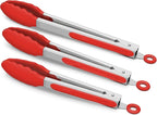 3 Pack Red Kitchen Tongs, Premium Silicone BPA Free Non-Stick Stainless Steel BBQ Cooking Grilling Locking Food Tongs, 9-Inch 10-Inch & 12-Inch