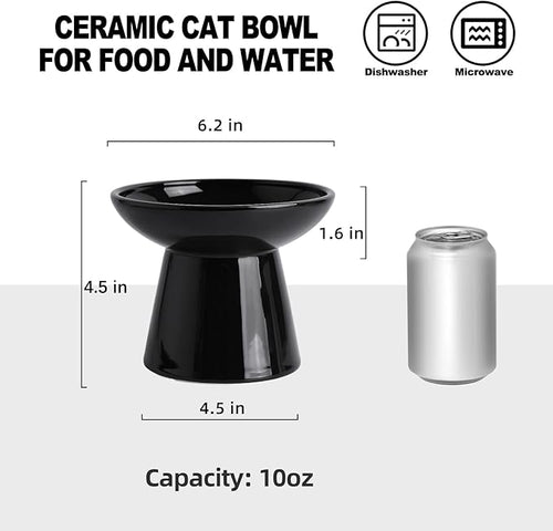 6.2 Inch Extra Wide Elevated Ceramic Cat Bowls, Food and Water Bowl Set for Elder Big Cats Small Dogs, Raised Design for Pet Easy Eating, Protect Cat's Spine Set of 2(Black)