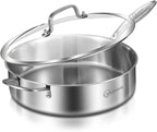 LOLYKITCH 6 QT Tri-Ply Stainless Steel Sauté Pan with Lid,Deep Frying Pan,Large Skillet,Jumbo Cooker,Induction Cooking Pan,Oven Safe and Detachable Handle.
