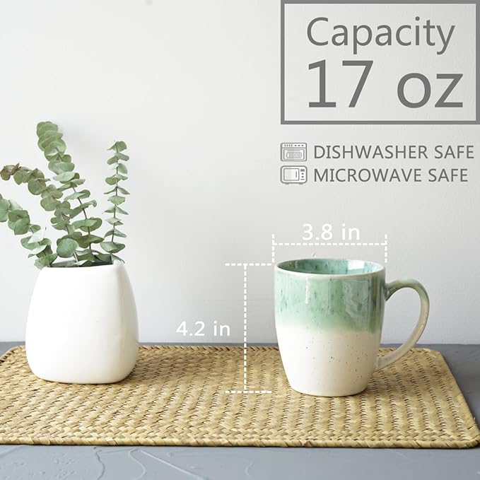 Bosmarlin Ceramic Coffee Mug Set of 4, 17 Oz, 4 Colors to Choose, Tea Cups, Dishwasher and Microwave Safe, Reactive Glaze (Green)