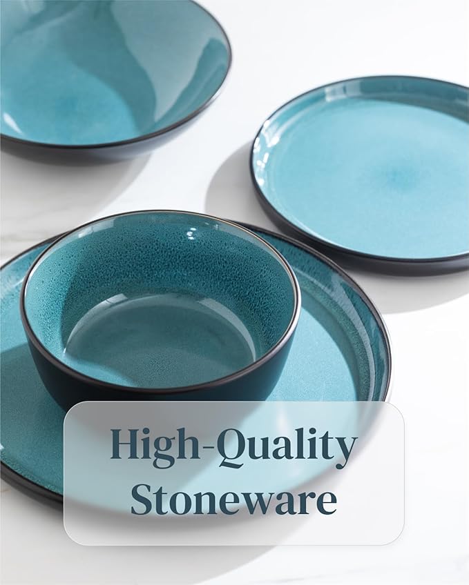 24 Piece Stoneware Dinnerware Set for 8 - Handmade Reactive Glaze Plates and Bowls Set - Chip & Scratch Resistant Dish Set - Dishwasher Microwave Safe - Black and Petrol Blue