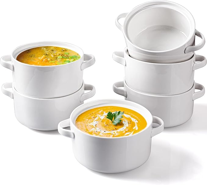 DELLING Soup Bowls with Handles Set of 6, 24 Oz Ceramic French Onion Soup Crocks Oven Safe - Large Soup Mugs for Chili Stew Cereal, Microwave Dishwasher Safe, White