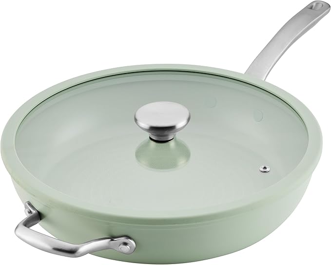 Circulon Halo with LaserDefense Ceramic Nonstick Frying Pan with Helper Handle and Lid, Made Without PFAS, Compatible with All Stovetops, Dishwasher and Oven Safe, 12 Inch Skillet - Sage