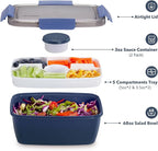 Caperci Large Salad Container Bowl for Lunch - Better Adult Bento Lunch Box 68 oz, 5-Compartment Tray, 2pcs 3-oz Sauce Cups, Stackable, BPA-Free (Navy)