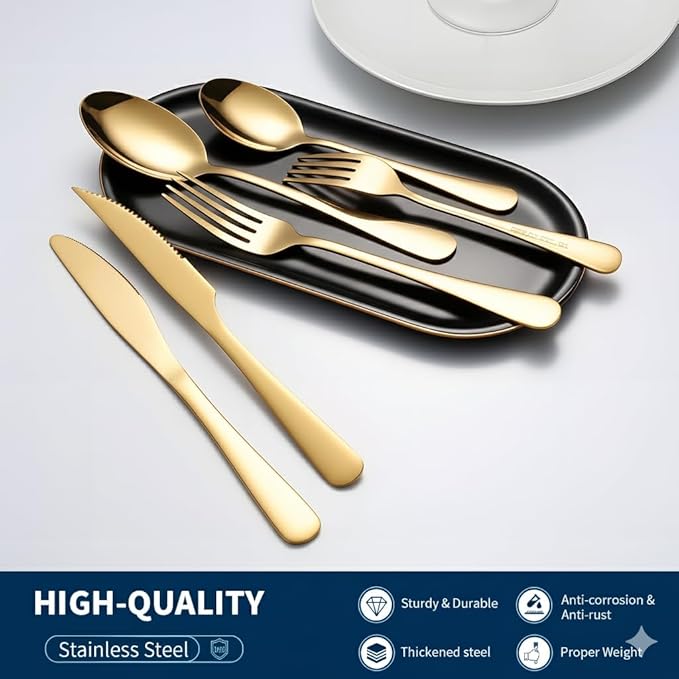 GPY Gold Silverware Set with Steak Knives, 36-Piece Stainless Steel Flatware Set Service for 6, Titanium Plated Gold Cutlery with Mirror Finish, Dishwasher Safe for Wedding, Party & Gift