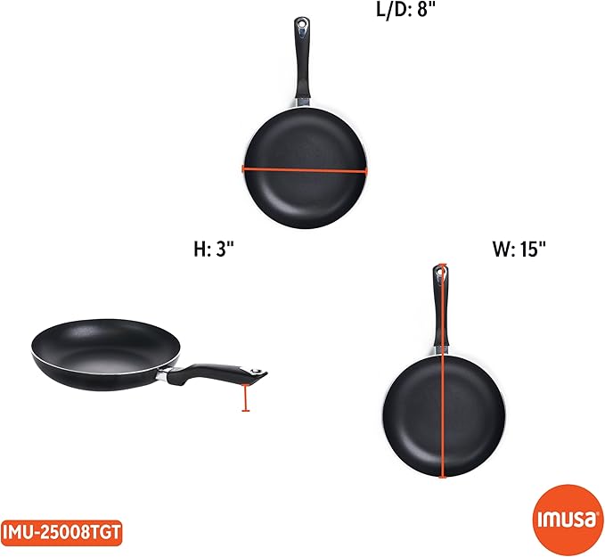IMUSA 8in Bistro Aluminum Nonstick Fry Pan with Cool Touch Handle, Small Skillet for Eggs, Omelets, Sauteing, and Everyday Cooking, Black