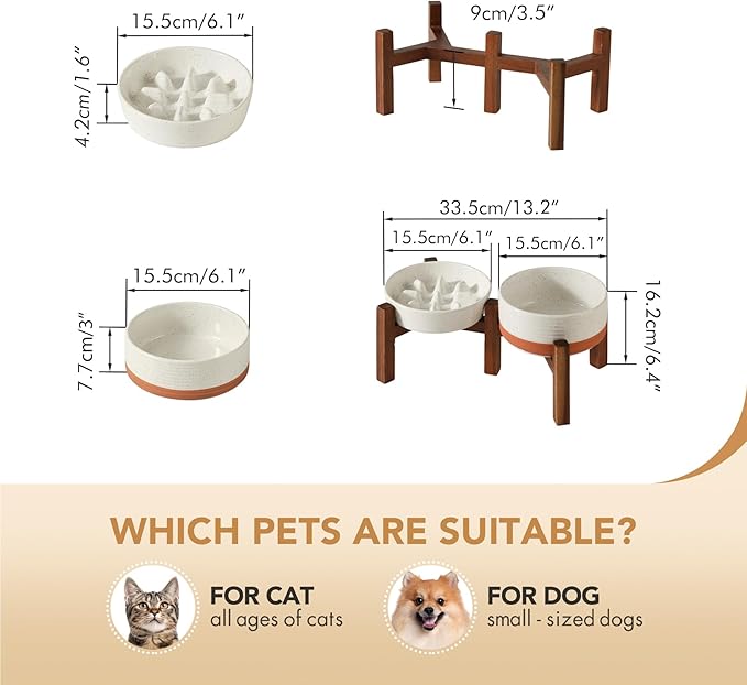 Havniva Ceramic 0.9 Cup Raised Slow Feeder Dog Food and Water Bowl Set, Elevated 6.1inch Bowl and 6.1inch Dish with Acacia Wood Stand for Small Dogs(2 x Vanilla White+ Stand)