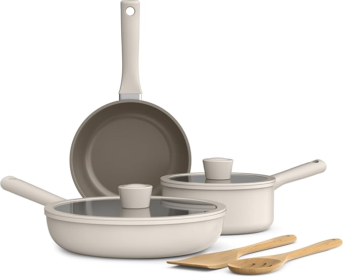 bella 7 Piece Cookware Set with EverGood™ Ceramic Nonstick Coating, Dishwasher Safe Oven Safe, All Stovetops Compatible, Glass Lids with Silicone Rims, Cool Touch Handles, Oatmilk
