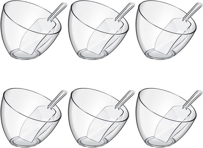 Hoolerry 12 Pcs Serving Bowls Kit Include Clear Plastic Bowls for Parties and Popcorn Measuring Scoops Acrylic Plastic Kitchen Angled Candy Scoops for Office Canister Salad Cooking (35 oz)