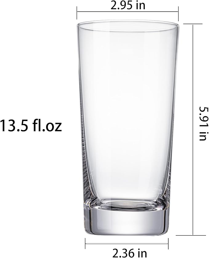 Drinking Glasses Set of 6, 13.5oz Highball Glass Cups with Heavy Base, Water Glasses for Kitchen and Dining, Lead-free Glassware Tumblers for Juice, Iced Coffee, Cocktails, Dishwasher Safe