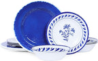 Blue Melamine Dinnerware Sets,12-Piece Plates and Bowls Set for 4,Coastal Farmhouse Style Dish Sets,Chip Resistant & Dishwasher Safe,Dark Indigo Vintage Pattern for Outdoor Patio Everyday Use