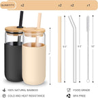 20 OZ Glass Cups with Bamboo Lids and Straws - Beer Can Drinking Glasses with Silicone Protective Sleeve Set, Iced Coffee Glasses, Cute Tumbler Cup for Water, Smoothie, Boba Tea, Gift, 2 Colors